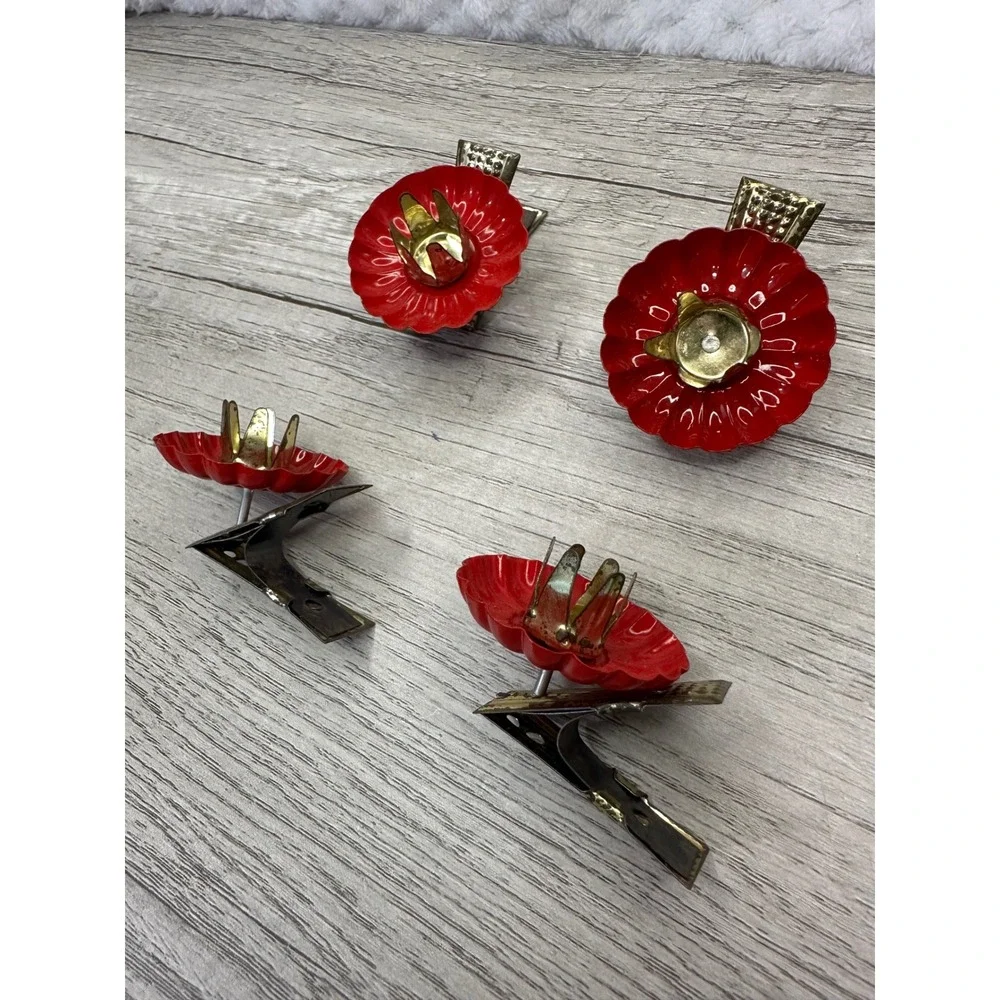 Vintage Red Metal Flower Christmas Tree Candle Holder Clips Set of 4 Mid Century